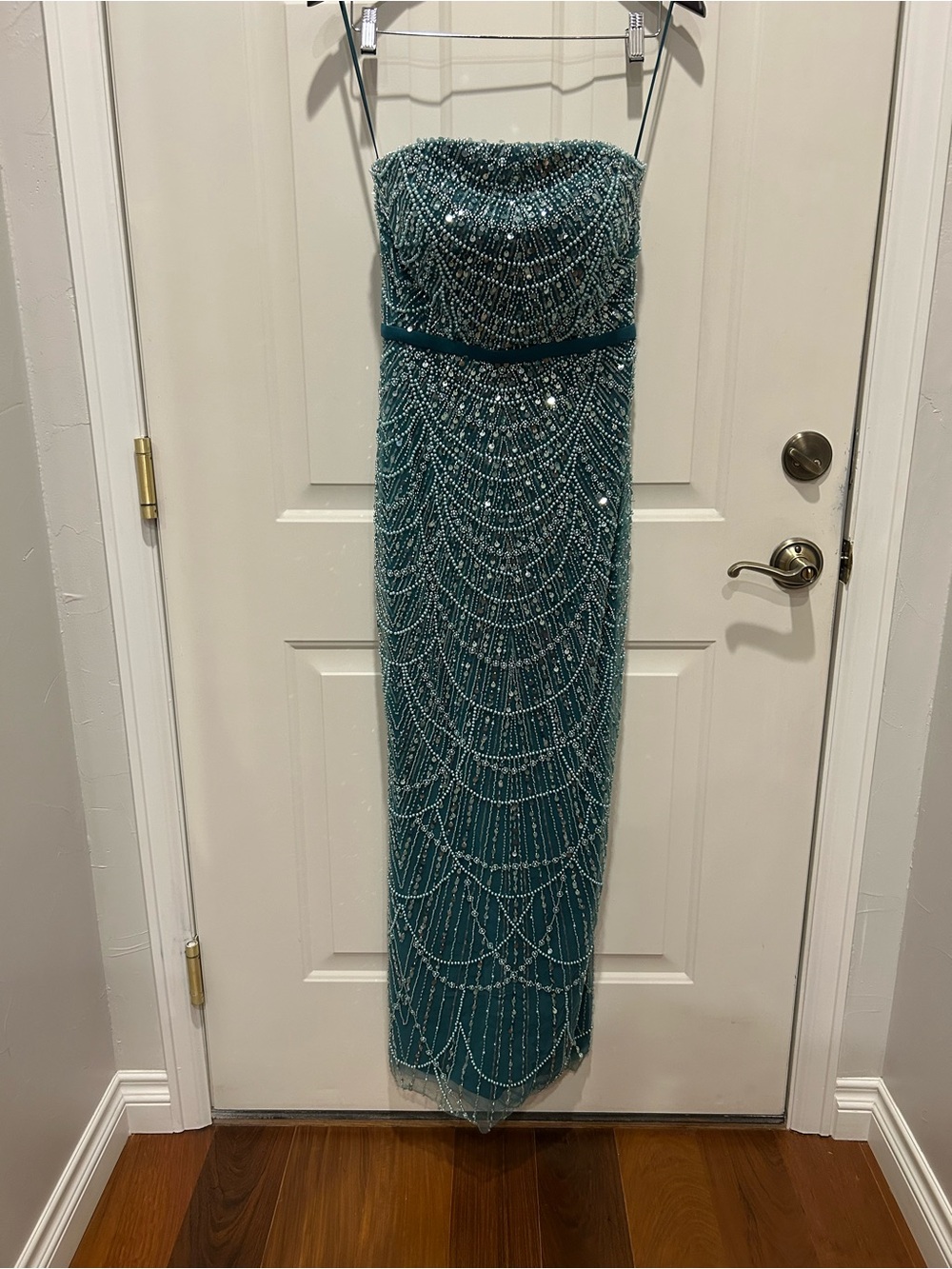 Beaded Evening Dress with Long Beaded Cape in Teal-Blue - Picture 4 of 10